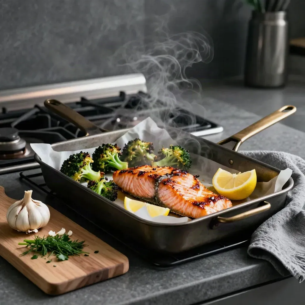 Steam rises from salmon, broccoli, lemon and garlic on a sheet pan beside herbs.