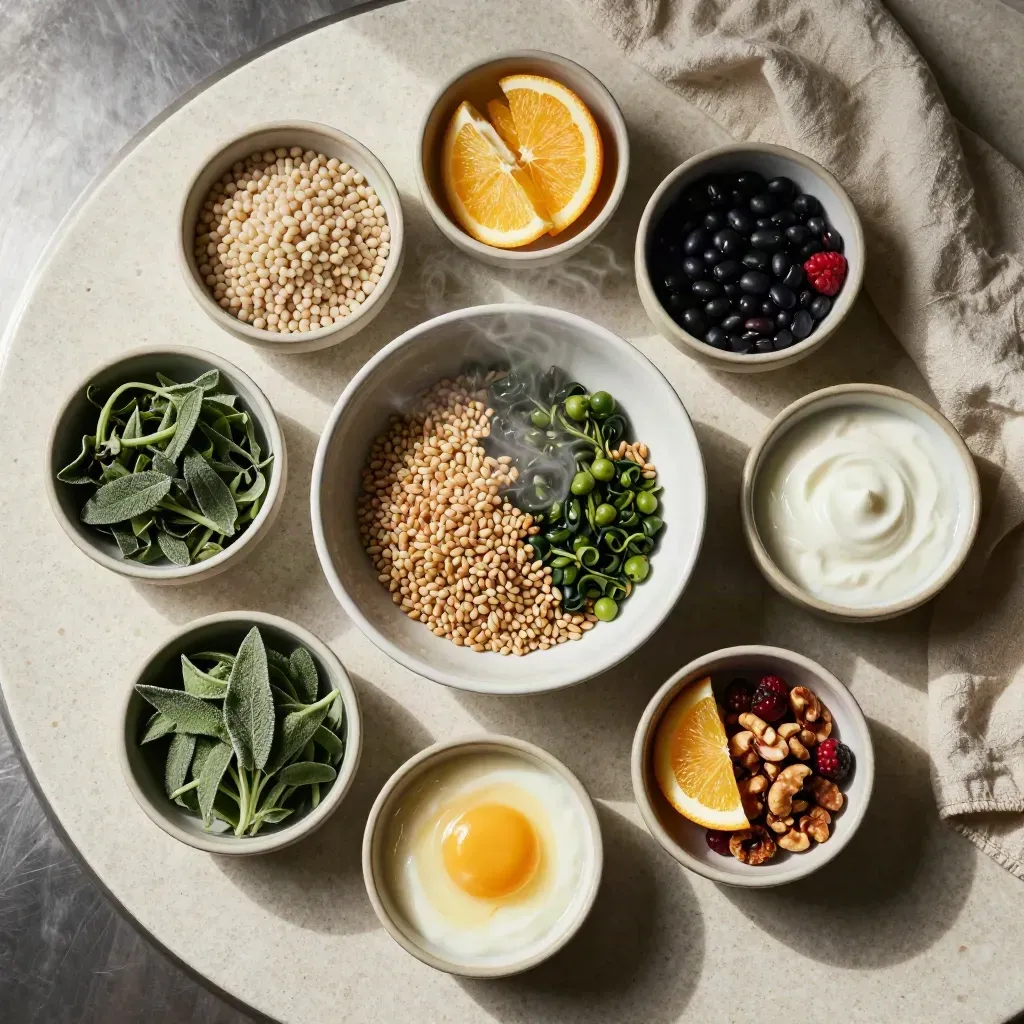 Top-down bowls of balanced meal components around a steaming center bowl on travertine.