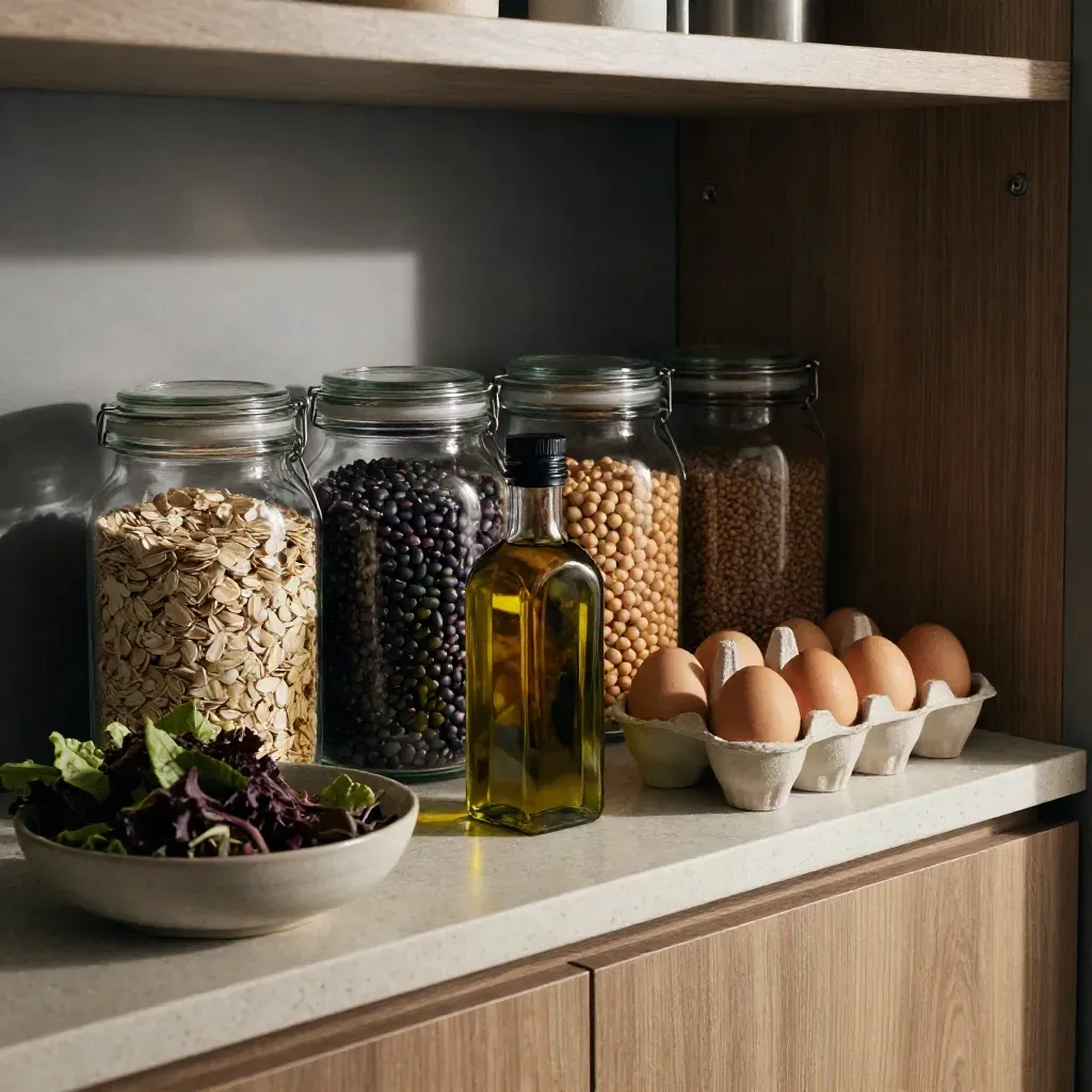 Pantry shelf with oats, beans, eggs, olive oil, and greens in glass jars.