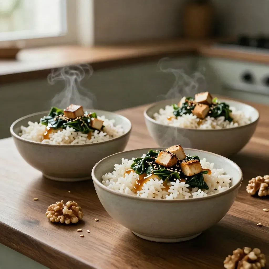 Two grain bowls with rice, greens, tofu, and sesame sauce on a warm counter with steam.