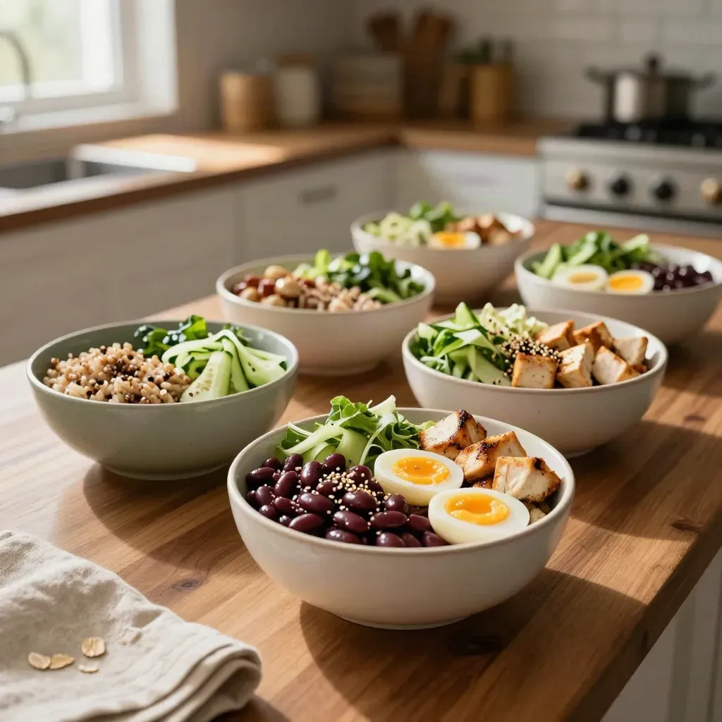 Eight protein bowls with beans, eggs, chicken, tofu, greens and grains on a sunlit counter.