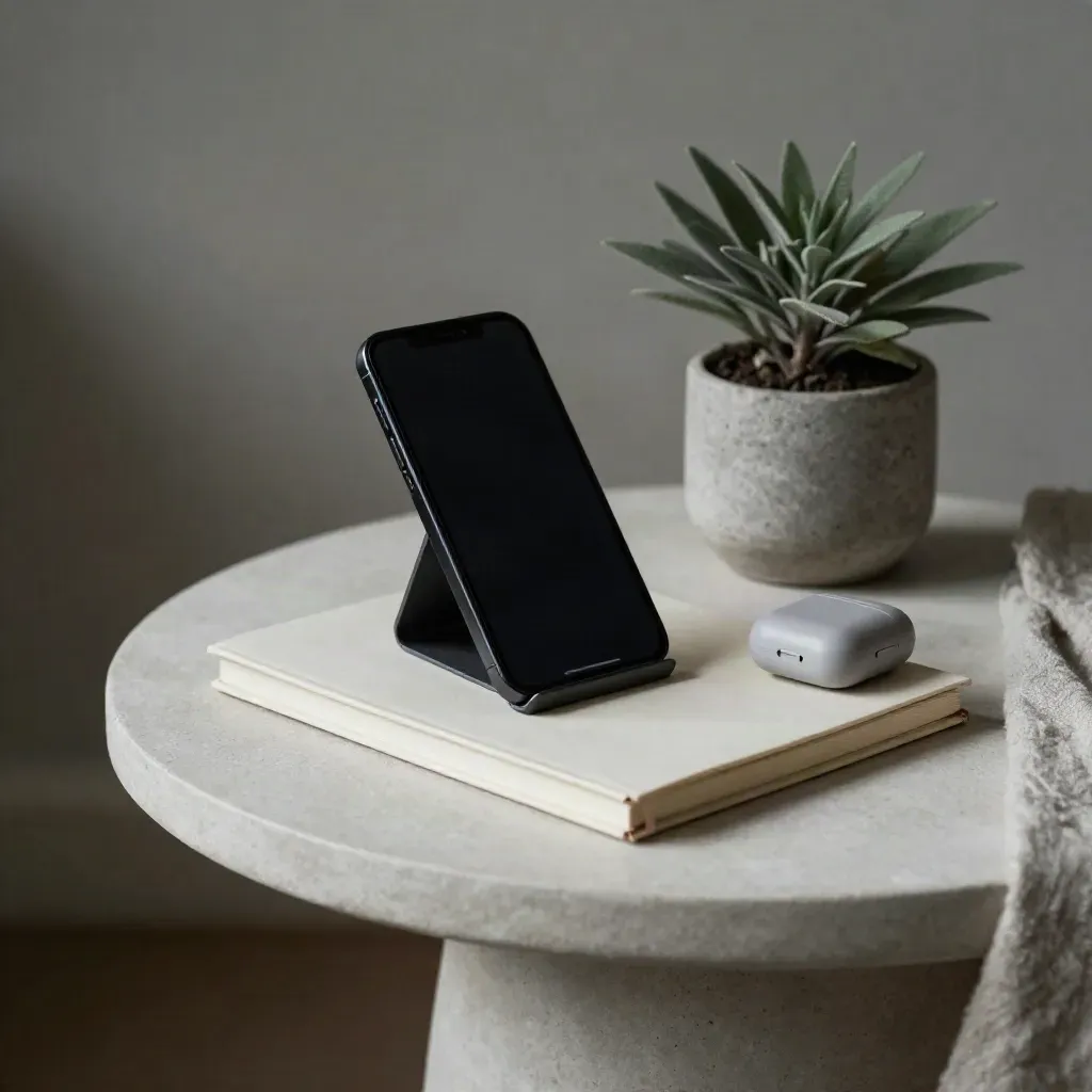 Smartphone, notebook, earbuds case and small plant on a calm side table.